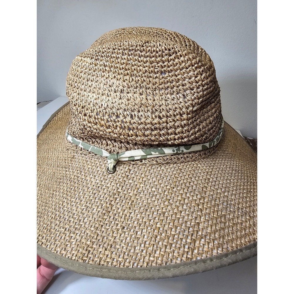 Dorfman Pacific Womens Straw Sun Hat Wide Brim Floral Print Chin Strap Tan Green - Picture 4 of 8